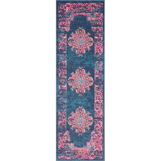 Blue and Pink Medallion Runner Rug Photo 2