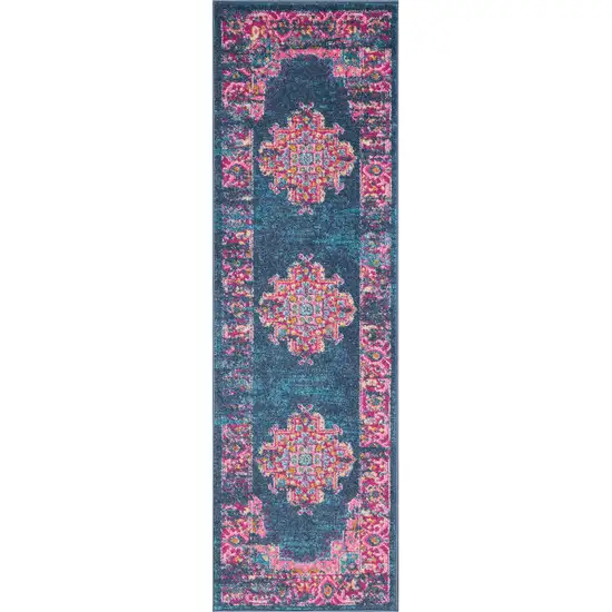 6' Blue And Pink Medallion Distressed Runner Rug Photo 1