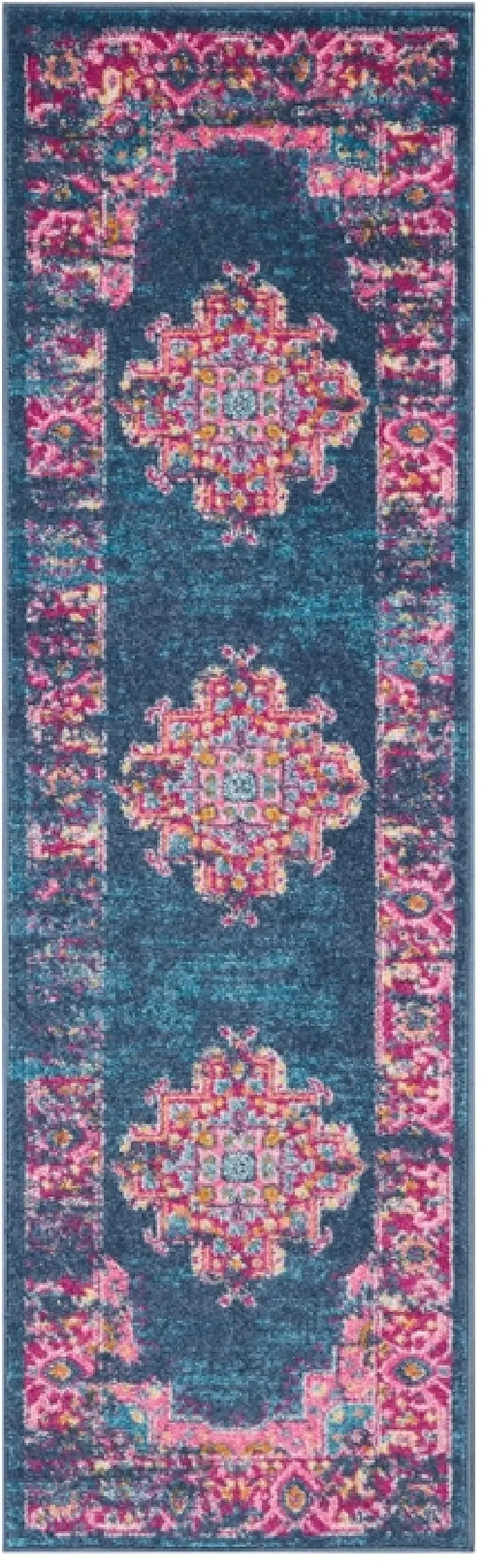 Blue and Pink Medallion Runner Rug Photo 2