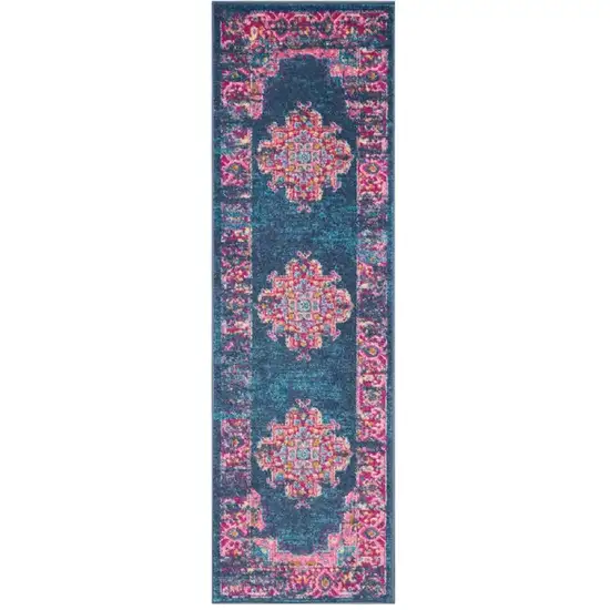 Blue and Pink Medallion Runner Rug Photo 3