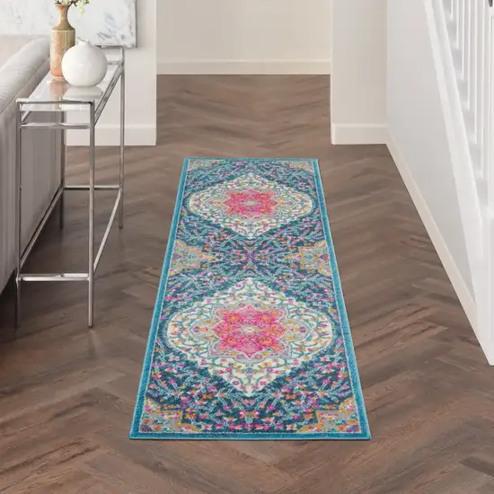 Blue and Pink Medallion Runner Rug Photo 5