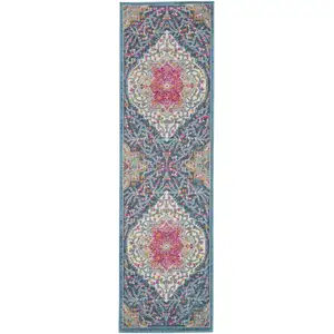 Photo of Blue and Pink Medallion Runner Rug