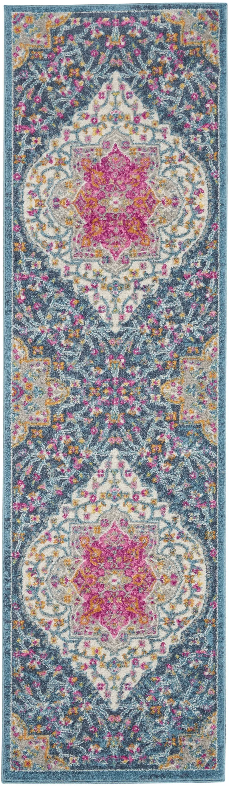 Blue and Pink Medallion Runner Rug Photo 1