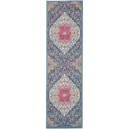 Blue and Pink Medallion Runner Rug Photo 1