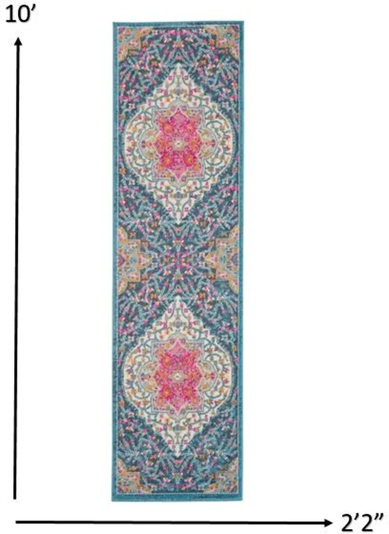 Blue and Pink Medallion Runner Rug Photo 3