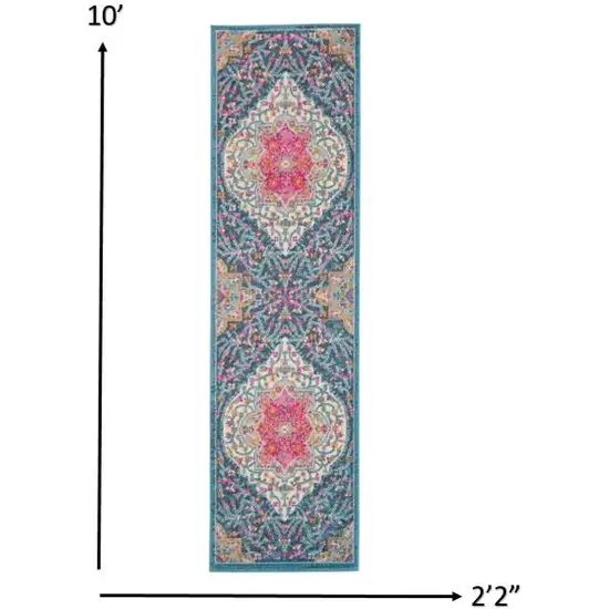 Blue and Pink Medallion Runner Rug Photo 3