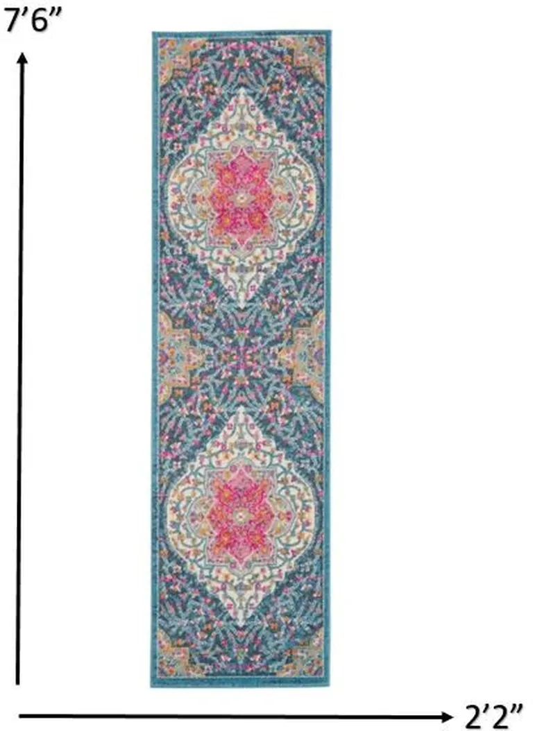 Blue and Pink Medallion Runner Rug Photo 3