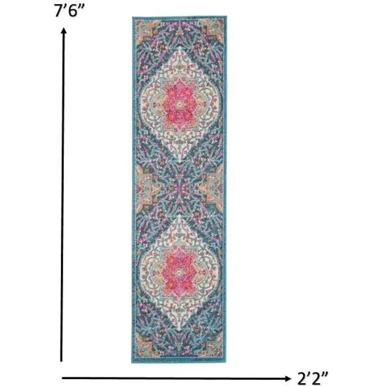 Blue and Pink Medallion Runner Rug Photo 3