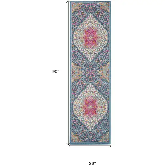 8' Blue And Ivory Medallion Distressed Runner Rug Photo 9