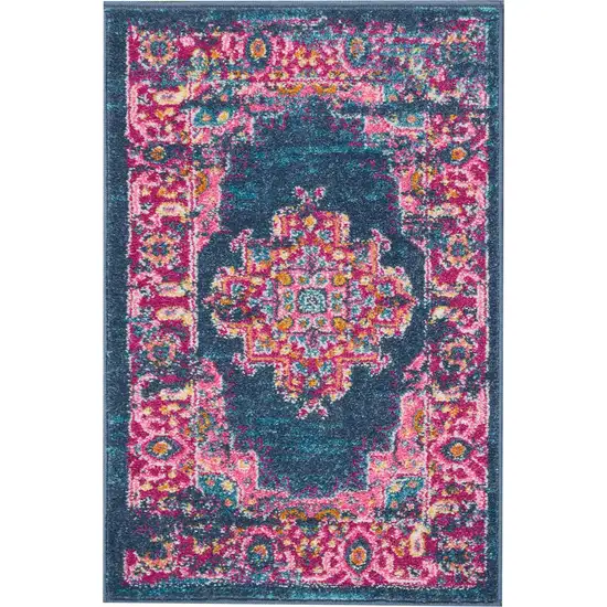 Blue And Pink Medallion Distressed Area Rug Photo 6