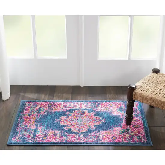 Blue And Pink Medallion Distressed Area Rug Photo 7