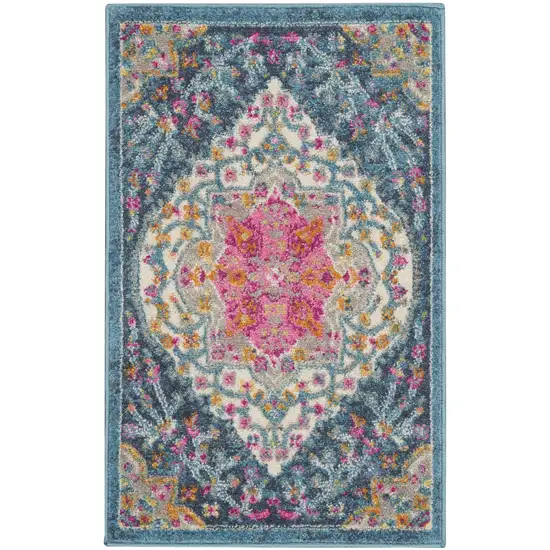 Blue And Ivory Medallion Distressed Area Rug Photo 1