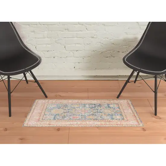 Blue and Pink Oriental Power Loom Distressed Area Rug Photo 5