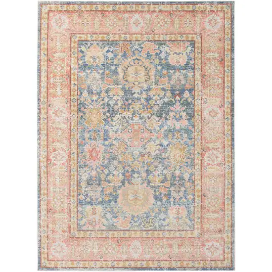 Blue and Pink Oriental Power Loom Distressed Area Rug Photo 1