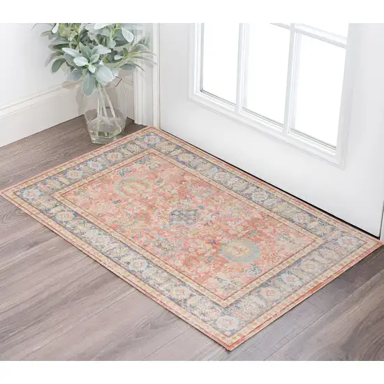 Coral and Blue Oriental Power Loom Worn Faded Area Rug Photo 1