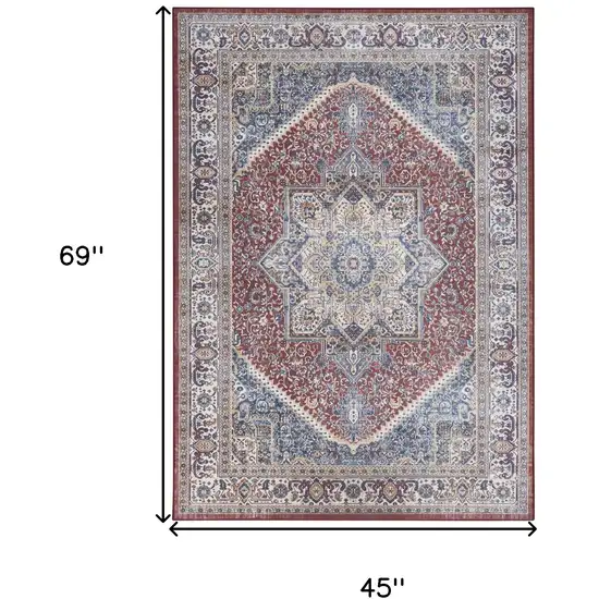 Blue and Red Floral Distressed Non Skid Area Rug Photo 3