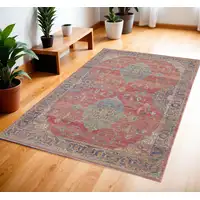 Photo of Blue and Red Floral Medallion Distressed Non Skid Area Rug