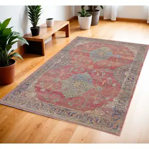 Photo of Blue and Red Floral Medallion Distressed Non Skid Area Rug