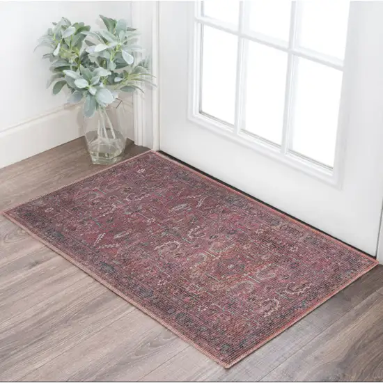 Blue and Red Floral Power Loom Distressed Area Rug Photo 1