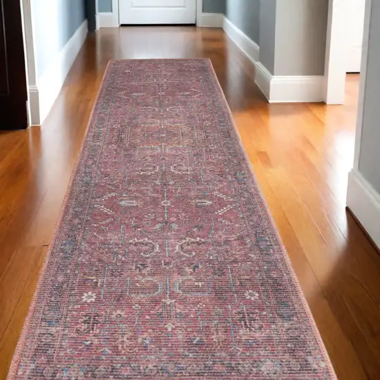 Blue and Red Floral Power Loom Distressed Runner Rug Photo 1