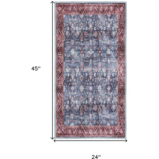 Blue and Red Floral Power Loom Distressed Washable Non Skid Area Rug Photo 3