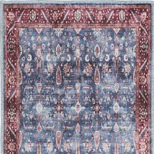 Photo of Blue and Red Floral Power Loom Distressed Washable Non Skid Area Rug