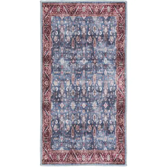 Blue and Red Floral Power Loom Distressed Washable Non Skid Area Rug Photo 2