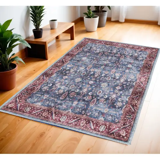 Blue and Red Floral Power Loom Distressed Washable Non Skid Area Rug Photo 1