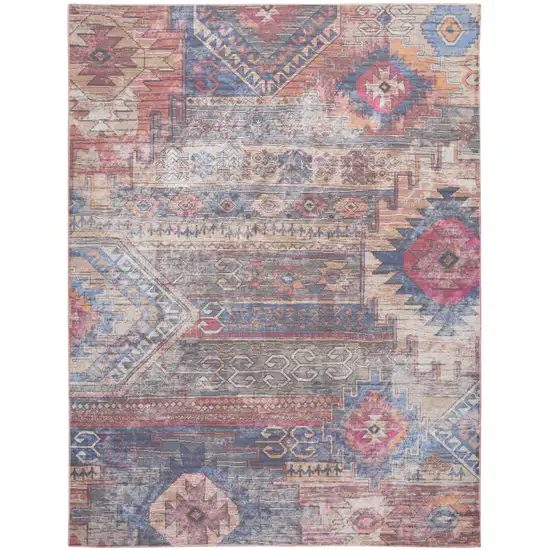 Blue and Red Geometric Power Loom Distressed Washable Area Rug Photo 1