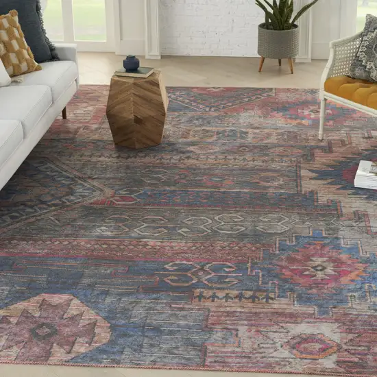 Blue and Red Geometric Power Loom Distressed Washable Area Rug Photo 7