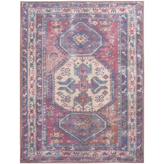 Blue and Red Geometric Power Loom Distressed Washable Area Rug Photo 1