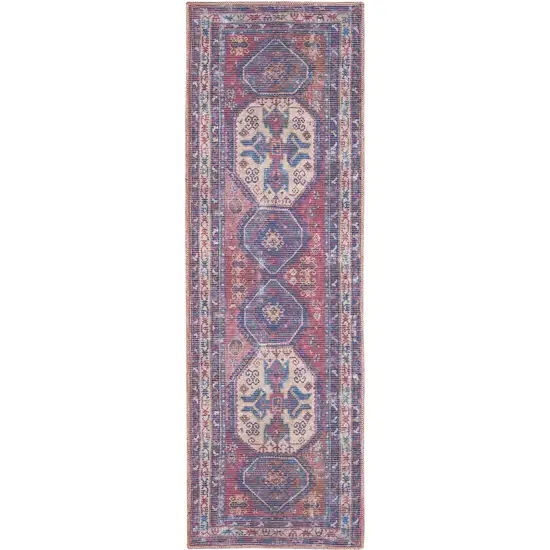 Blue and Red Medallion Power Loom Distressed Washable Runner Rug Photo 2