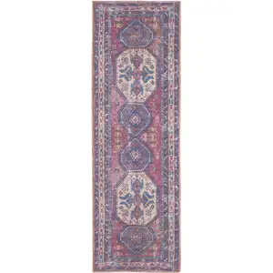 Photo of Blue and Red Medallion Power Loom Distressed Washable Runner Rug