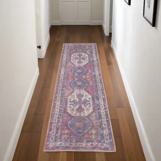 Blue and Red Medallion Power Loom Distressed Washable Runner Rug Photo 1