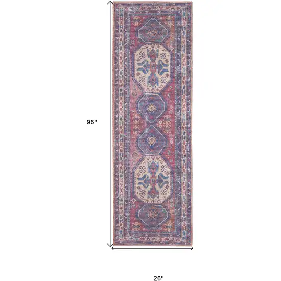 Blue and Red Medallion Power Loom Distressed Washable Runner Rug Photo 3