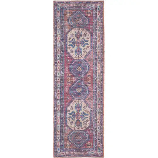 Blue and Red Medallion Power Loom Distressed Washable Runner Rug Photo 9