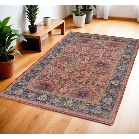 Blue and Red Oriental Distressed Non Skid Area Rug Photo 1