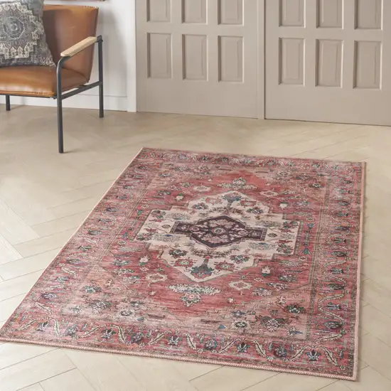 Blue and Red Oriental Power Loom Distressed Washable Non Skid Area Rug Photo 5