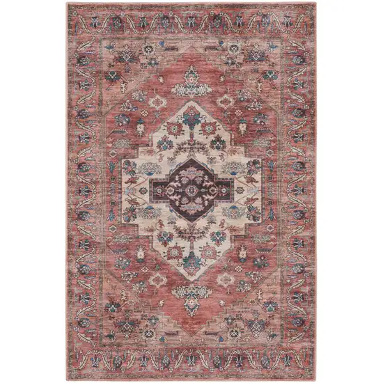 Blue and Red Oriental Power Loom Distressed Washable Non Skid Area Rug Photo 1