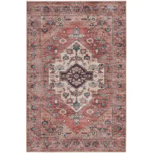 Photo of Blue and Red Oriental Power Loom Distressed Washable Non Skid Area Rug