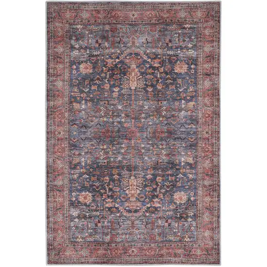 Blue and Red Oriental Power Loom Distressed Washable Non Skid Area Rug Photo 1