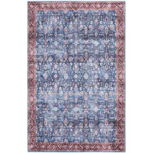 Photo of Blue and Red Oriental Power Loom Distressed Washable Non Skid Area Rug