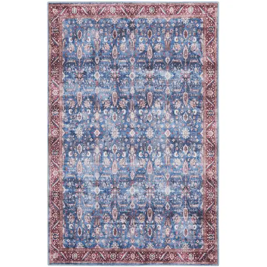 Blue and Red Oriental Power Loom Distressed Washable Non Skid Area Rug Photo 1