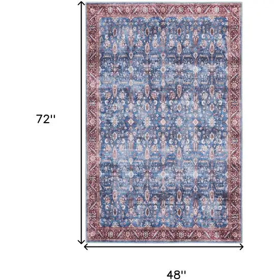 Blue and Red Oriental Power Loom Distressed Washable Non Skid Area Rug Photo 9