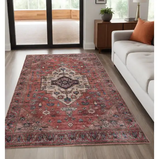 5' x 7' Blue and Red Oriental Power Loom Distressed Washable Non Skid Area Rug Photo 1