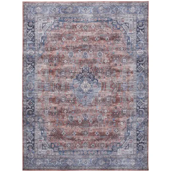 Blue and Red Oriental Power Loom Distressed Washable Non Skid Area Rug Photo 1