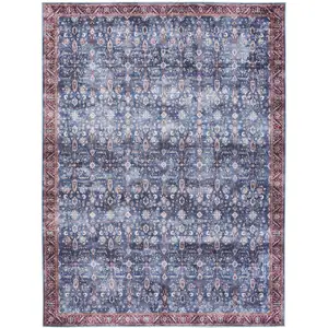 Photo of Blue and Red Oriental Power Loom Distressed Washable Non Skid Area Rug