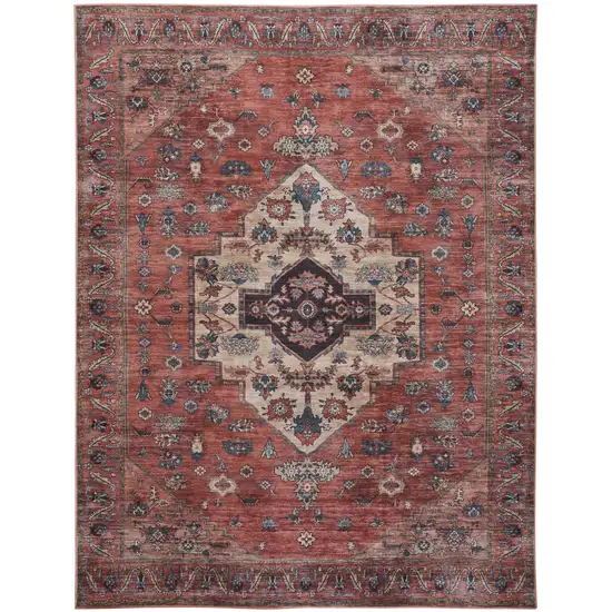 Blue and Red Oriental Power Loom Distressed Washable Non Skid Area Rug Photo 1