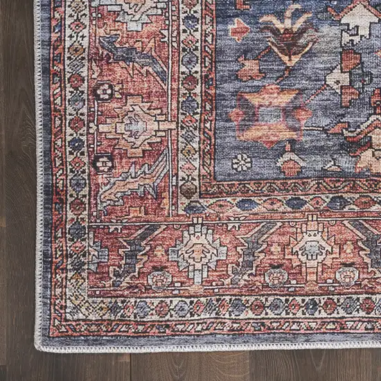 Blue and Red Oriental Power Loom Distressed Washable Non Skid Area Rug Photo 3