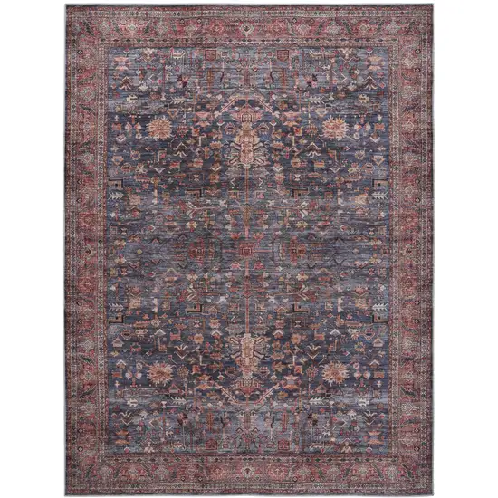 Blue and Red Oriental Power Loom Distressed Washable Non Skid Area Rug Photo 1